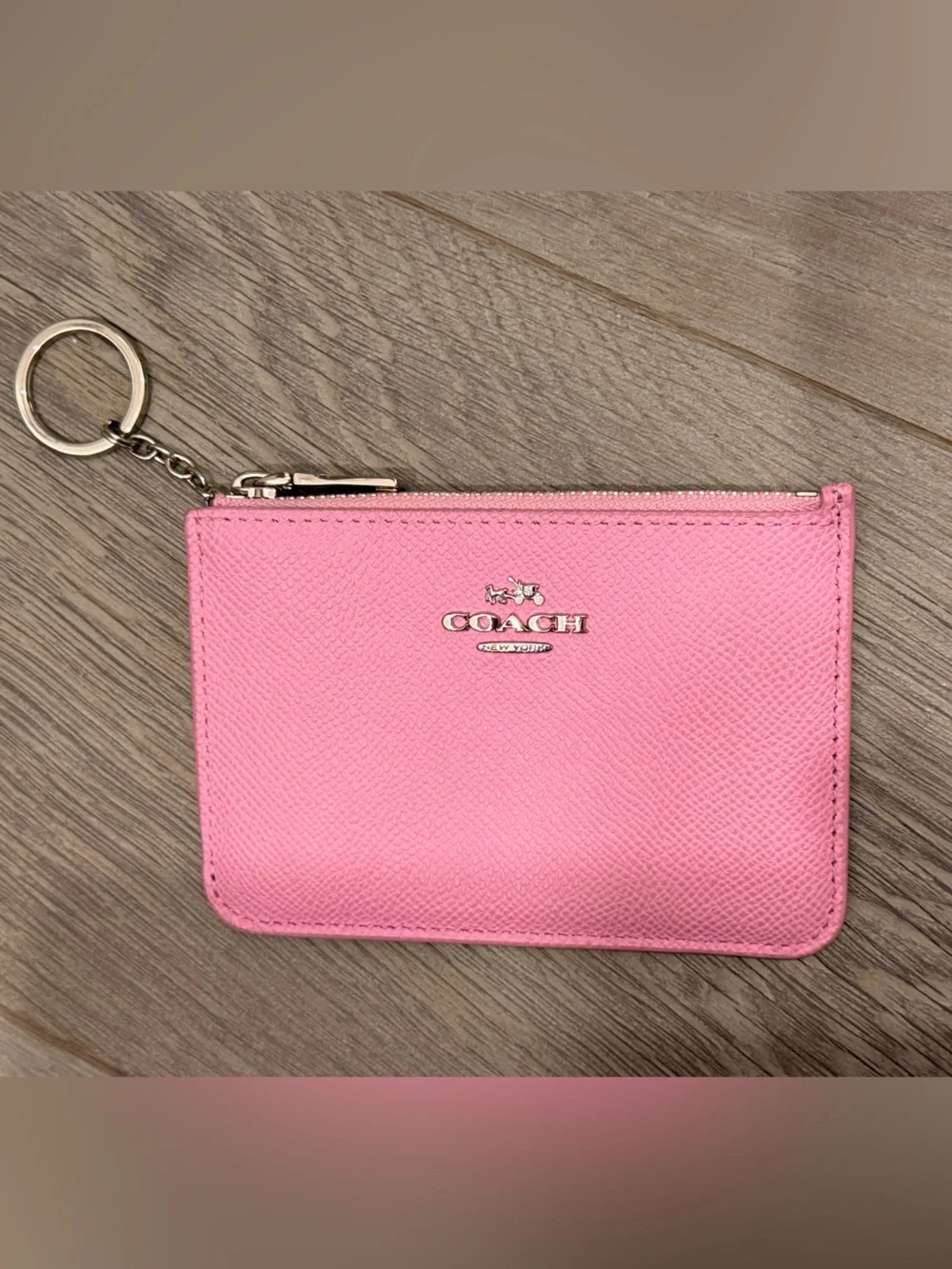 COACH Pebbled Leather Zippered Coin Purse Key Ring Pink Lilac NWOT